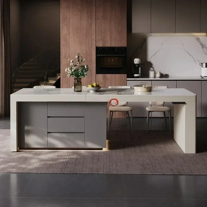 A Island dining table integrated household telescopic lift middle island kitchen advanced multi-functional rock slab island