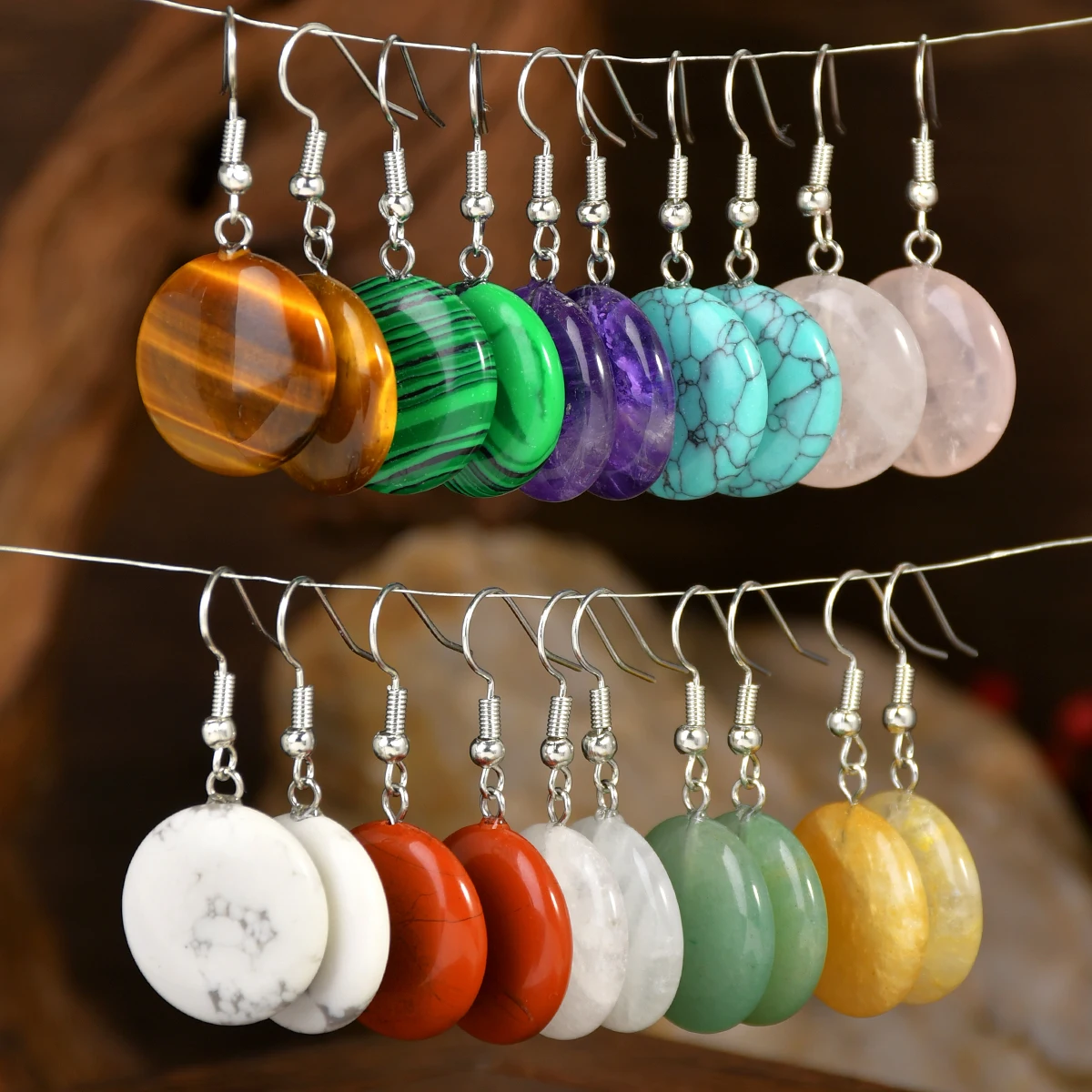Natural Stone Amethyst Green Aventurine Round Dangle Earrings Bohemian Women's Exquisite Holiday Handmade Jewelry