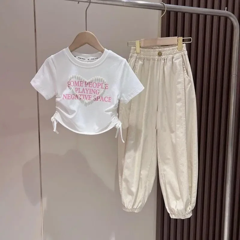 2024 Children Set Girls Fashion Casual Suit Summer New Pearl Waisted Short Sleeve Work Pant Two-Piece Kids Comfort Clothes 4-14Y