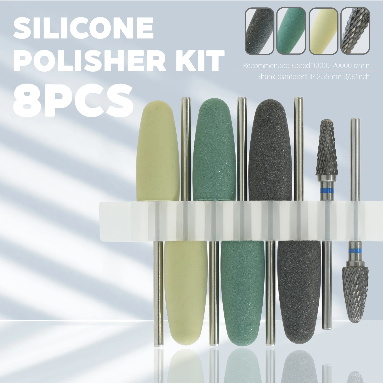 

8Pcs Tungsten Steel Dental Polishing Burs 2.35mm Silicone Head Set for Resin Base Lab Tools Denture Grinding Head Set