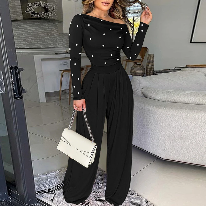 Moda irregolare gamba larga tutina donna colletto diagonale vita alta tuta da ufficio nuova primavera pois stampato pagliaccetto casual