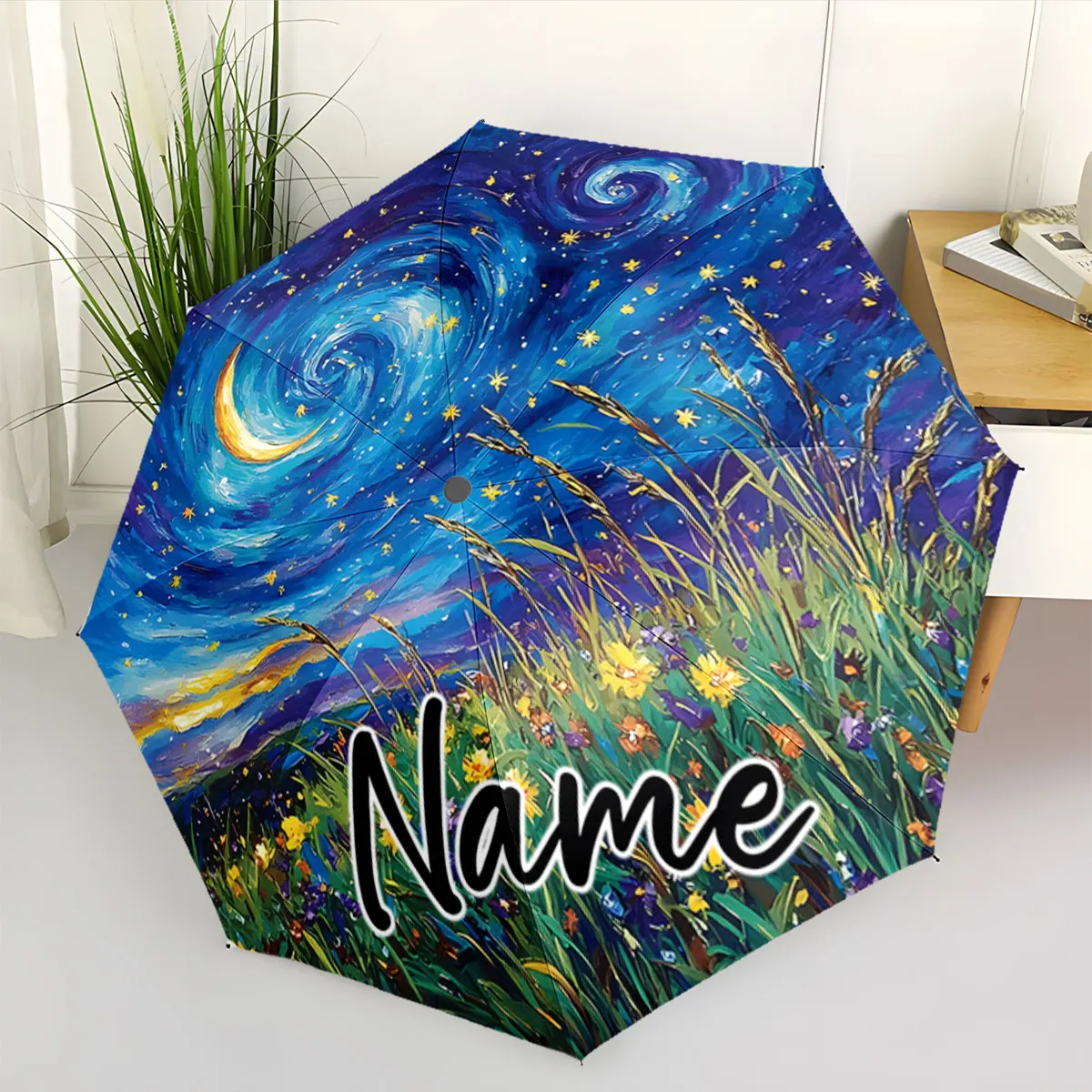 Custom Name Umbrella Starry Night Umbrella with Grass Flowers Print 8 Iron Ribs Folding Umbrella Auto-Open Fashion Sunshade