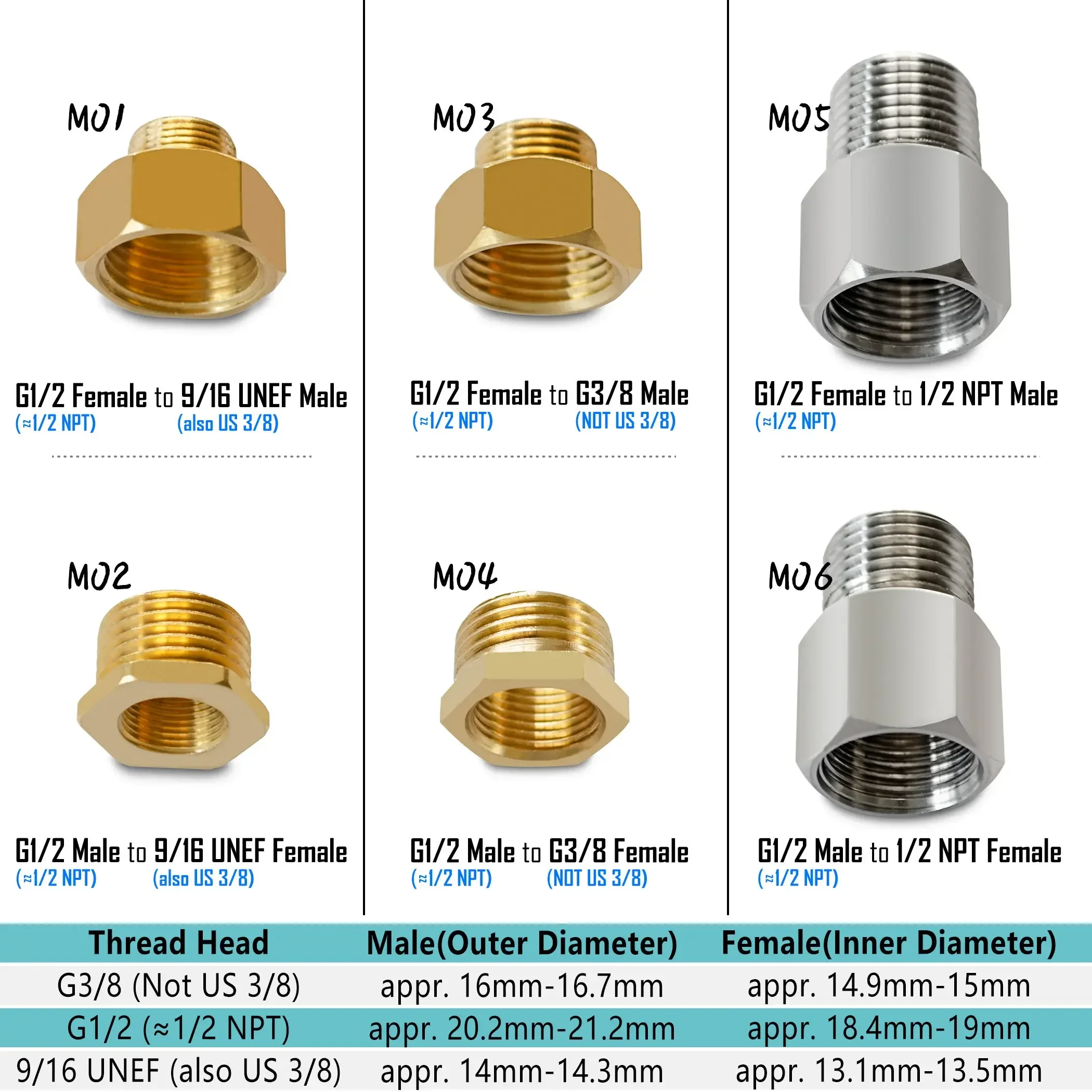 G1/2 to G3/8, 9/16-24 UNEF, 1/2 NPT Reducer Pipe Fittings Brass or Stainless Steel Threaded Water Hose Adapter Male Female