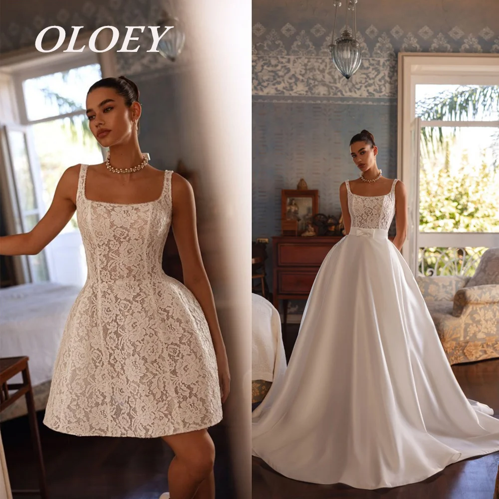 

OLOEY Luxury Lace Square Collar Short Wedding Dresses With Detachable Long Skirt Satin Bride Gowns Customized Two Sets Zip Back
