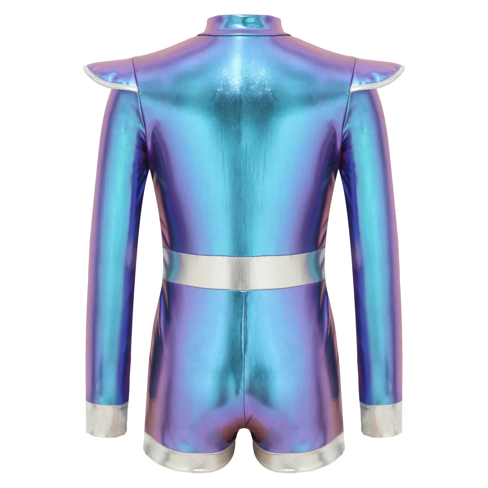 Girls Metallic Shiny Alien Jumpsuit Glitter Sequin Long Sleeve Short Bottom Romper Halloween Astronaut Robot Outerspace Costume