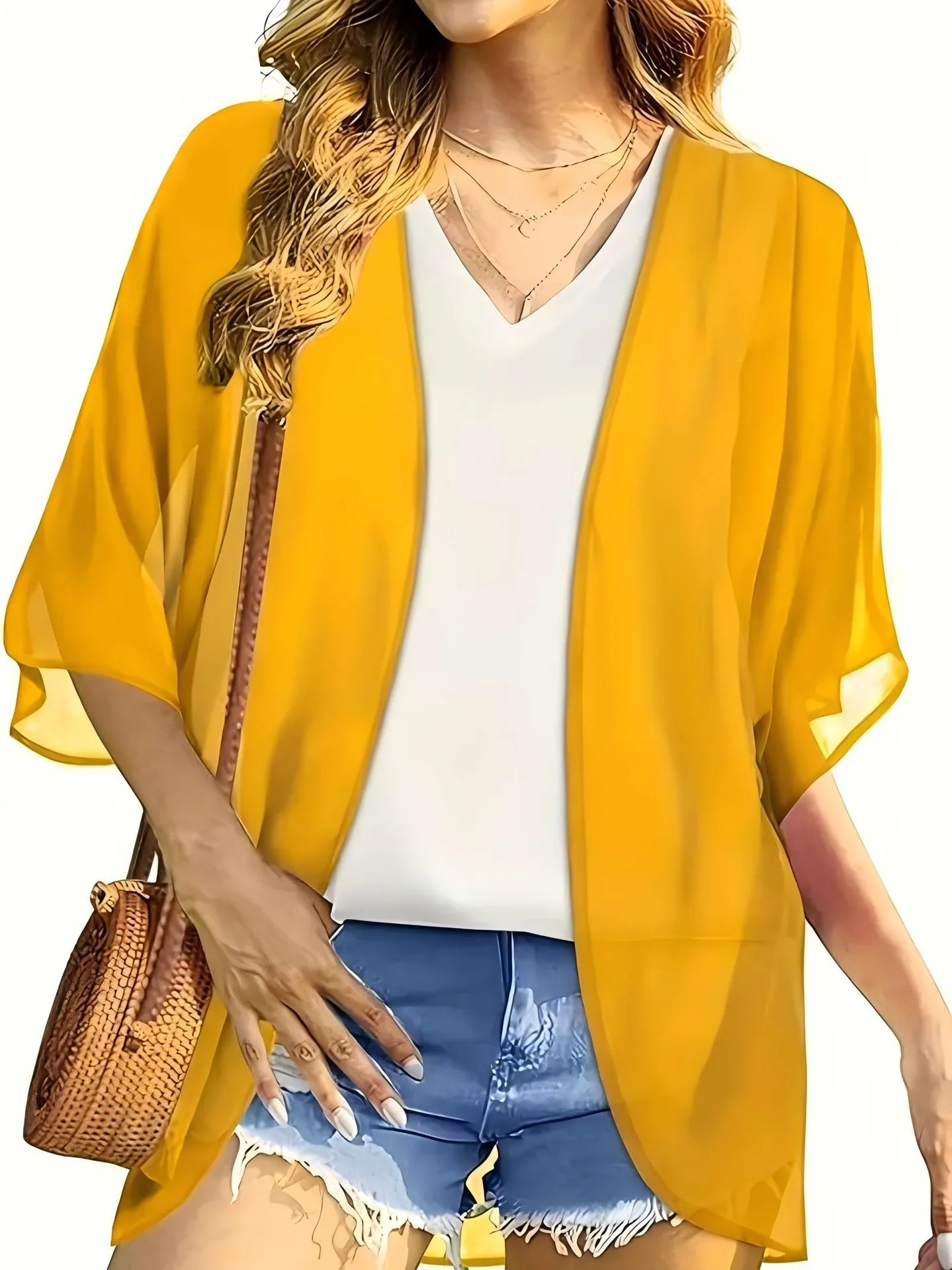

Women's Plus Size Floral Print Lightweight Chiffon Kimono Cardigan Short Sleeve Loose Beach Wear Cover Up Blouse Top Plus Size