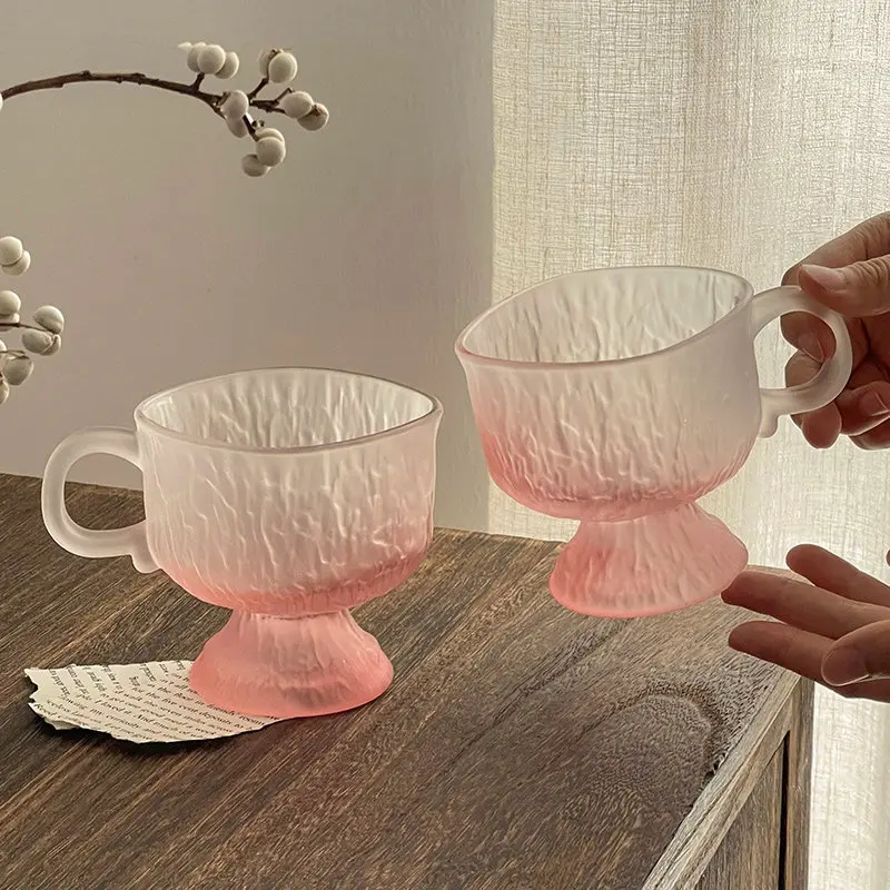 Pink Frosted Glass Niche Personalized 260ml New High Aesthetic Handle Round Footed Glasses Exquisite Milk Breakfast Water Mug