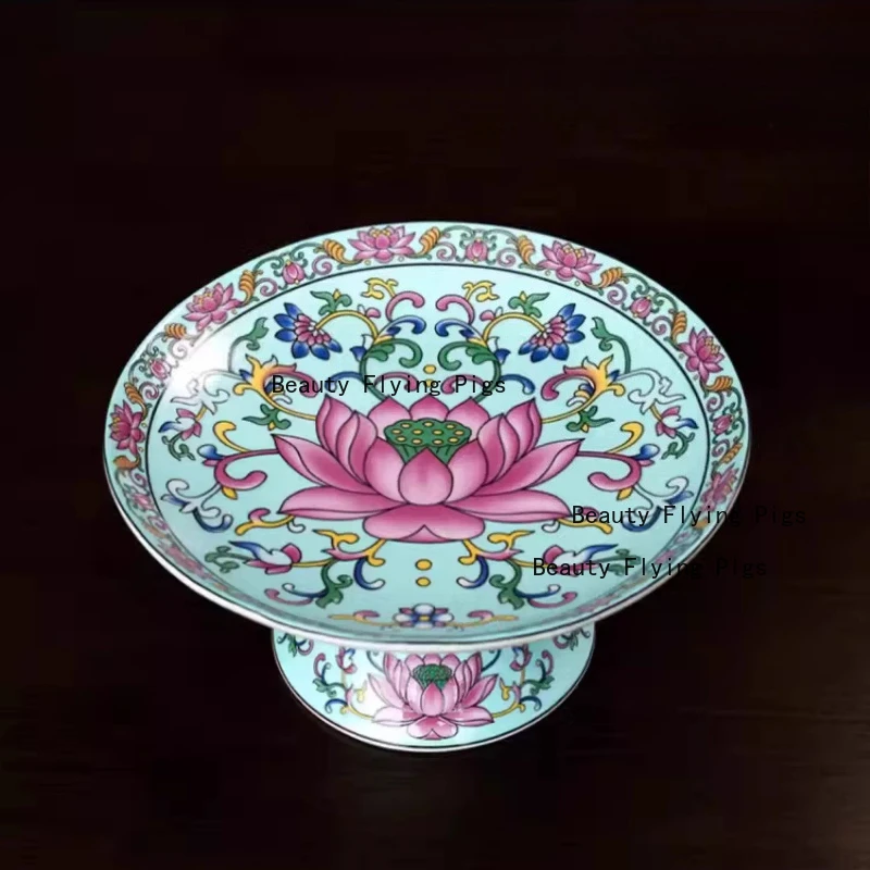 Ceramic Enamel Colored Fruit Tray Buddha's High Foot Tribute Plate Buddha Hall and Buddhist Equipment Sacrificial Fruit Plate