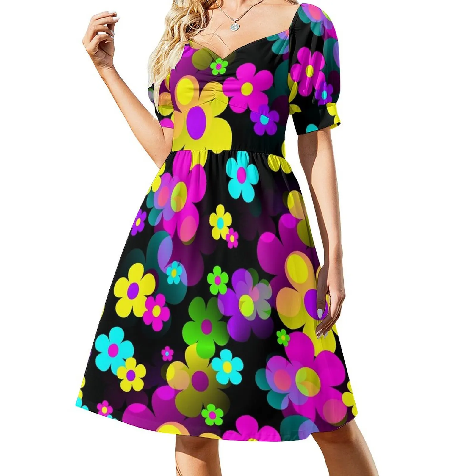 

60's Retro Mod Small Flowers Multi on Black Short-Sleeved Dress dresses for official occasions african dresses for woman