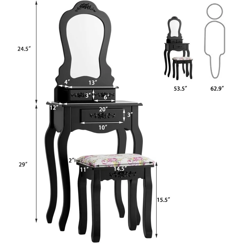 Vanity Table Set with Stool & Mirror, Multifunction Makeup Table Writing Desk with Drawers, Fan-Shaped Mirror & Cushioned