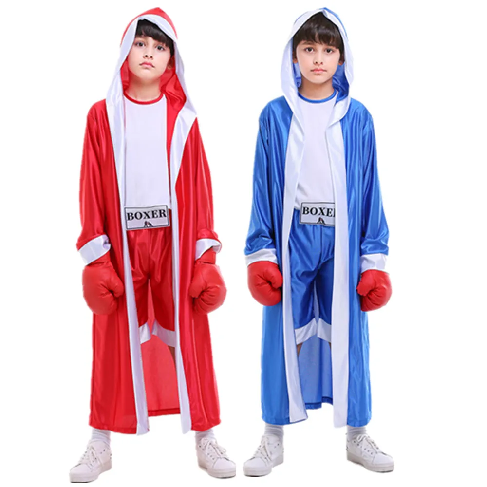 Bata de boxeo deportiva para niños, traje de entrenamiento de boxeo, uniforme de batalla para fiesta de Halloween, color rojo y azul