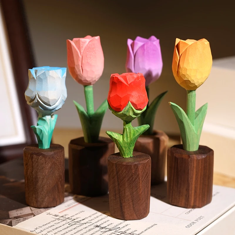 

Handmade Wood Carving Simulated Roses Desktop Decoration Ornaments Rose Tulip Wood Flowers Potted Plants