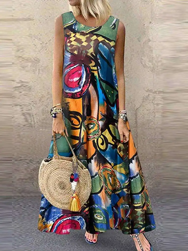 ZANZEA Bohemian Floral Printed Dresses Vintage Sleeveless O Neck Beach  Sundress Fashion Women Summer Dress Vestido Robe Femme