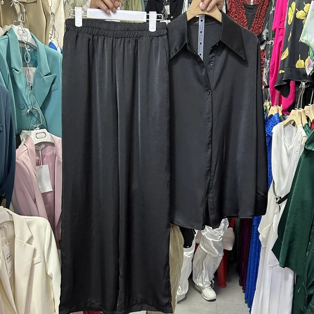 Conjunto de dos piezas de camisa holgada de satén de acetato + pantalones de pierna ancha con cintura elástica-GZTZ064