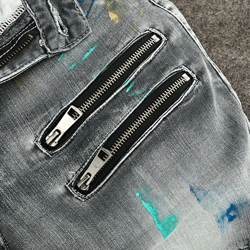 Designer Fashion New High Quality Jeans Scratch Painted Zipper Decoration Washed Nostalgic Light Blue Jeans High Quality Splicin