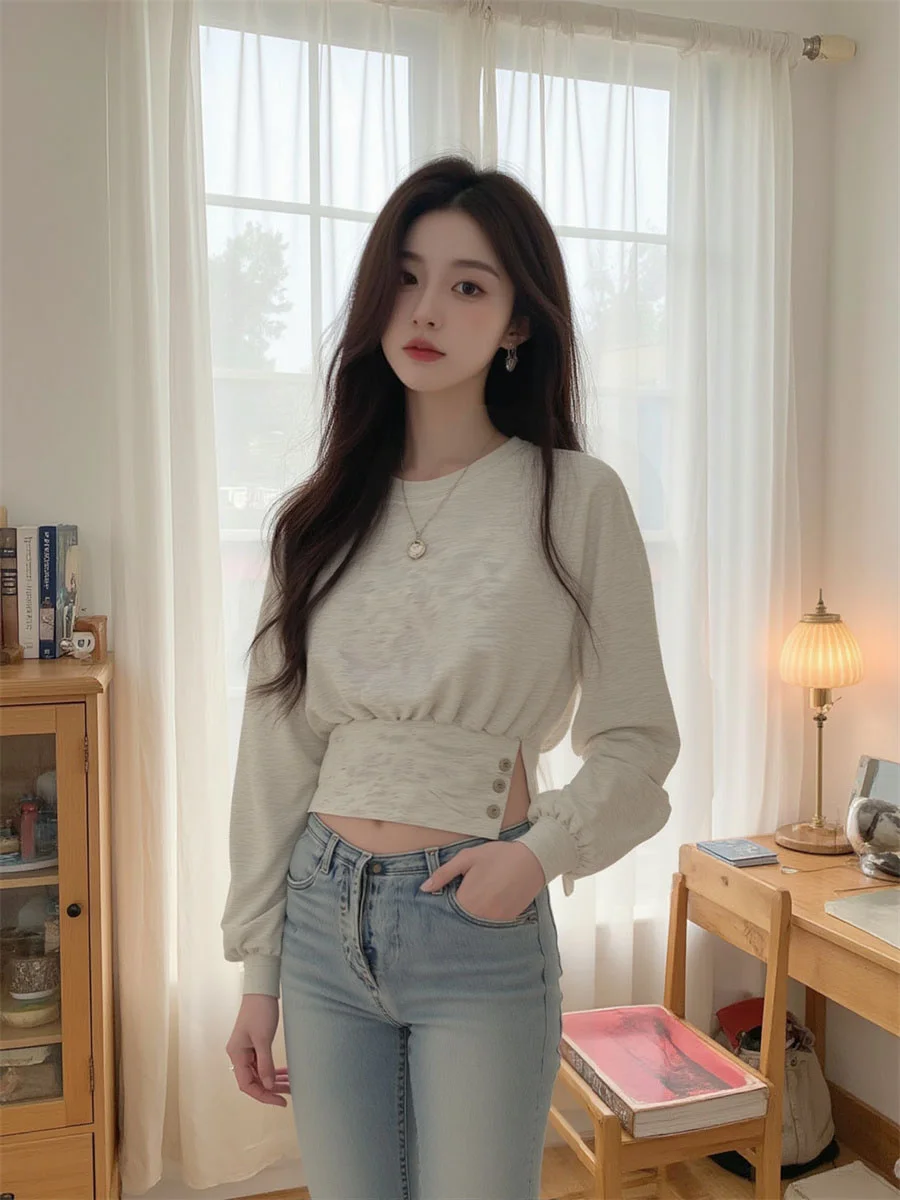 Moletom cinza sem capuz feminino, manga longa, tecido misturado modal, elástico, confortável, respirável, amigável à pele, qualidade alta