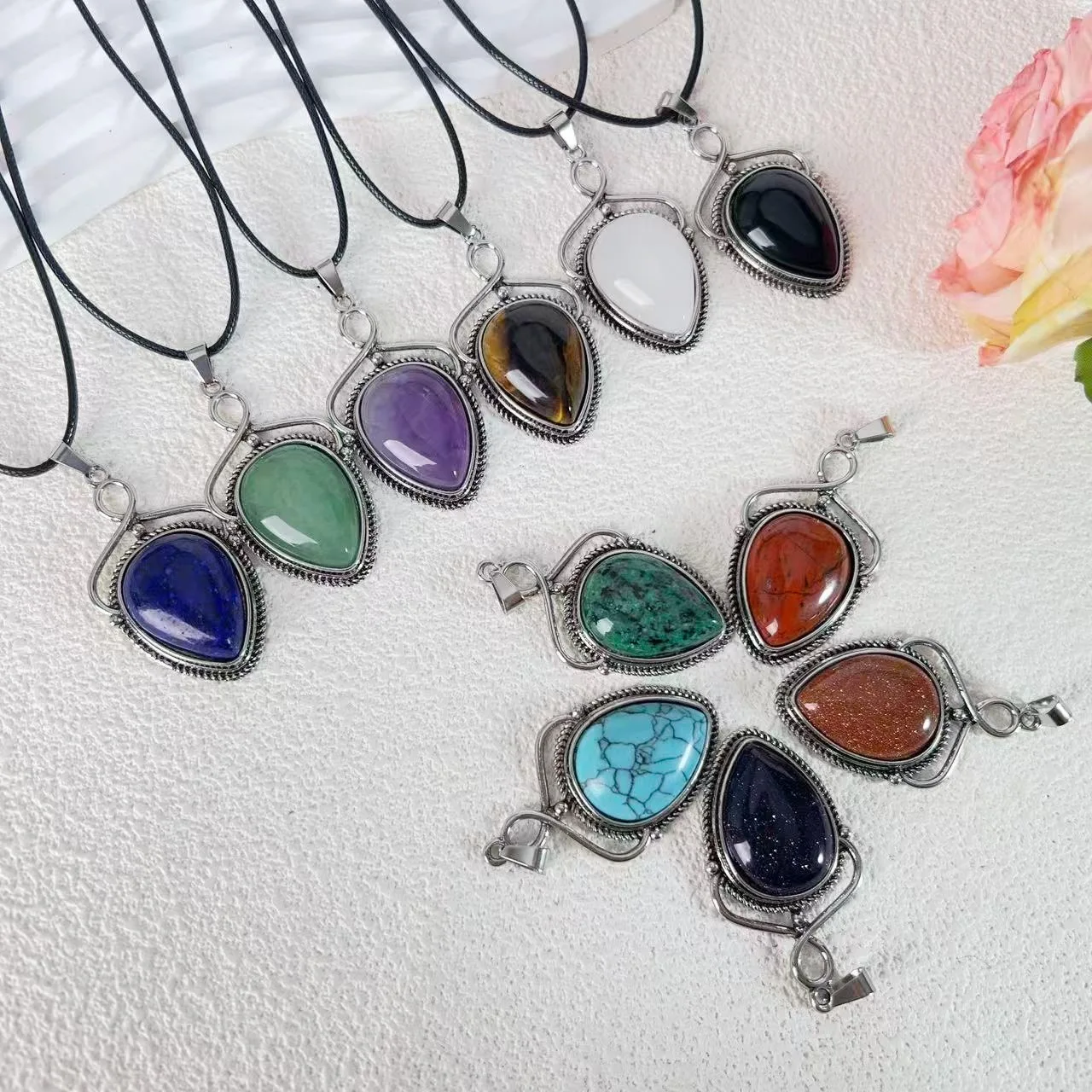 

Rotatable Teardrop Natural Stone Pendants, Vintage Healing Crystal Necklaces for Women