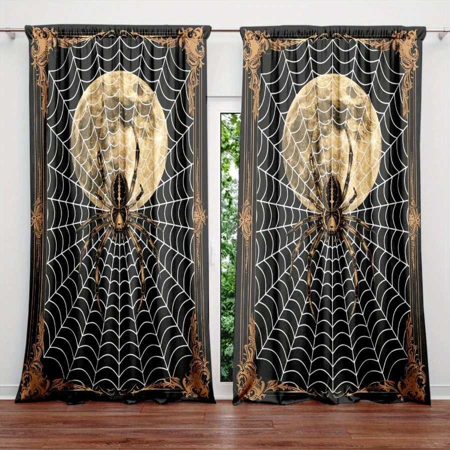 2PCS Digital Printed Curtains, Golden Ornate Frame Spider Web Moon Spider, Victorian Gothic Dark Academia Window Decor Room