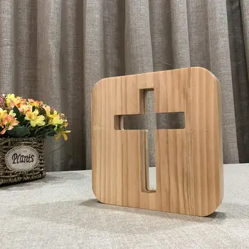 Lumière Led croix chrétienne en bois ornements USB LED veilleuse décoration de Table chrétienne debout église croix Miniatures 2