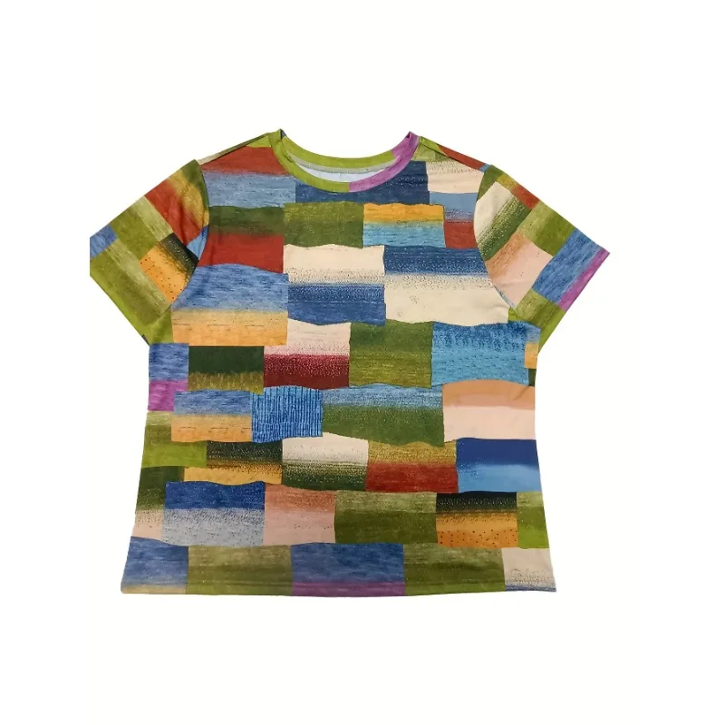 Plus Größe 1XL-5XL Neue frauen Mode Sommer Farbe Block Gedruckt Rundhals T-shirt Frauen Casual Kurzarm T-shirt