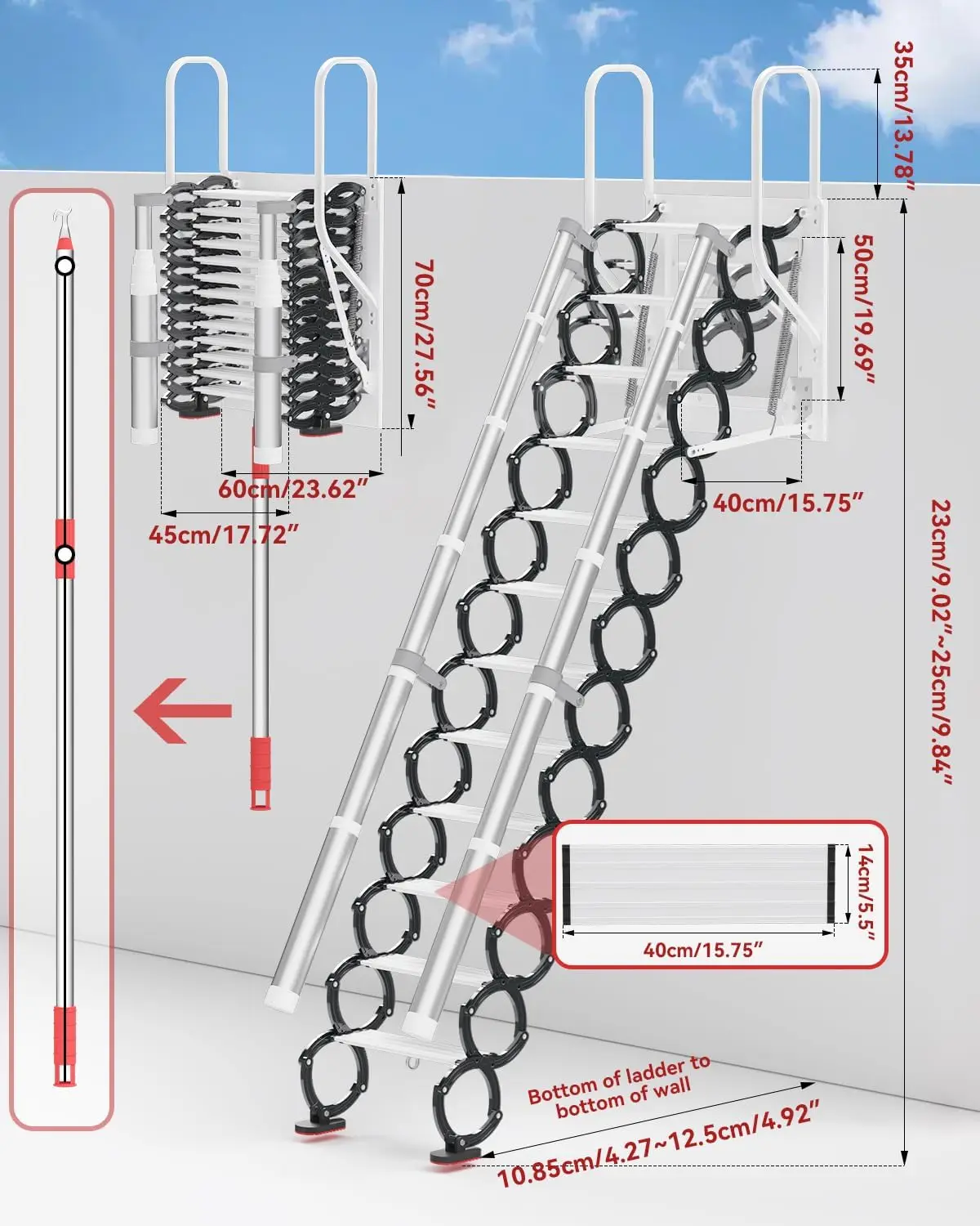 12 Steps Retractable Loft Foldable Ladder, Stairs Pull Down System for Height 9~9.8ft, Wall-Mounted Collapsible Ladder,