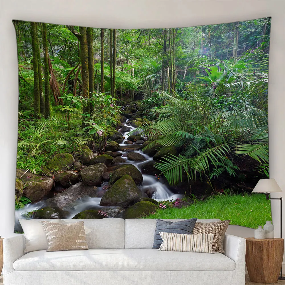 Nature Landscape Tapestry Tropical Rainforest Waterfalls Rivers Trees Plants Flowers Polyester Printed Fabric Fine Home Decor