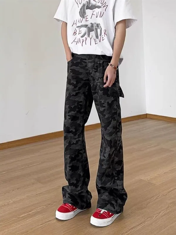 American Vintage Camouflage Pants Men's Straight Leg Flared Workwear Denim Spring Youth Fashion Logging Patterned Jeans