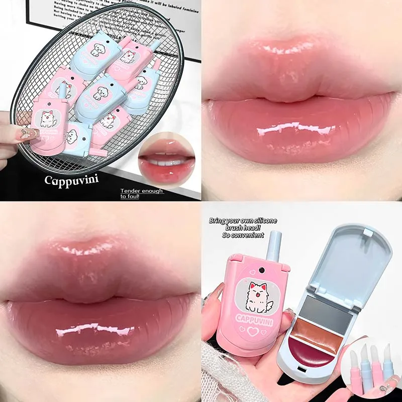 保湿デュアルカラーソリッドリップグロス 内蔵ミラー付きリップブラシ付き フリップフォンデザイン 長持ちするメイクアップリップスティック