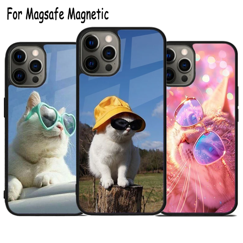 Stay Cool Cat Fun Glasses Art Wireless Charge Magsafe Phone Case For iPhone 15 16 14 13 11 12 Pro Max Plus Magnetic Bumper Cover