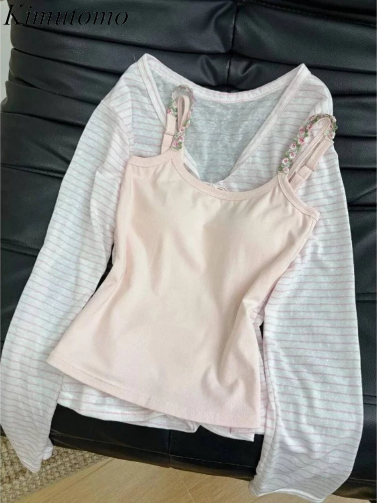 

Kimutomo Two Piece Sets Women Long Sleeve Striped T Shirts Embroidery Spring Summer Fashion Camisole Vintage Ladies Casual Suits