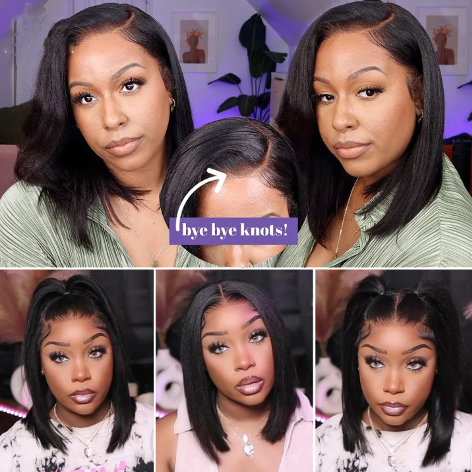 13X4 Glueless Kinky Straight Frontal Wigs 100% Human Hair Ready To Wear Bob Peruvain Hair Yaki Straight Wigs For Women On Sale