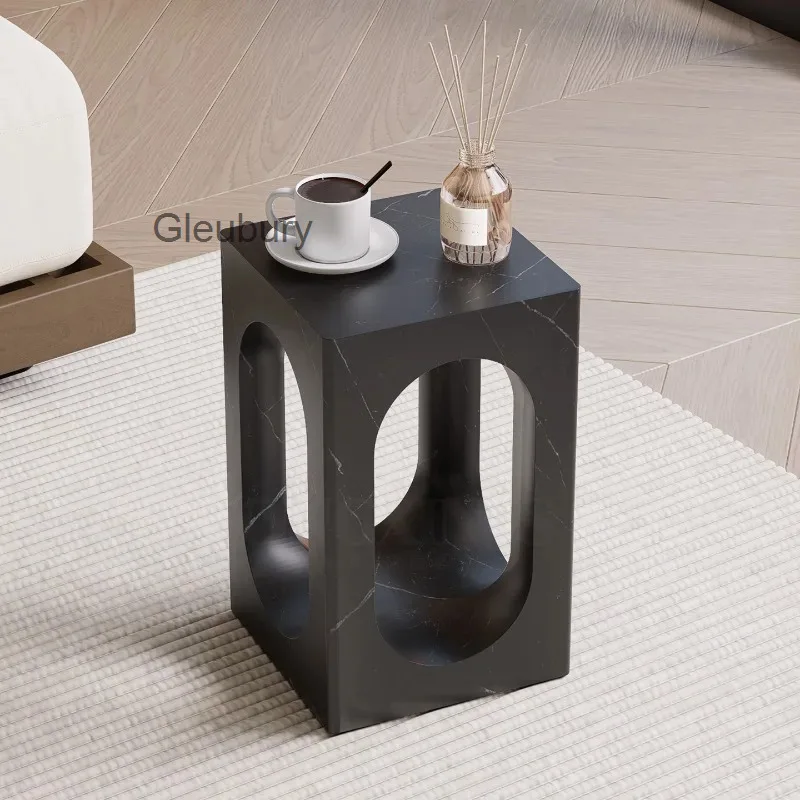 Nordic Style Minimalist Metal Effect Side Table with Oval Cutout, Square Accent End Table for Living Room & Entryway