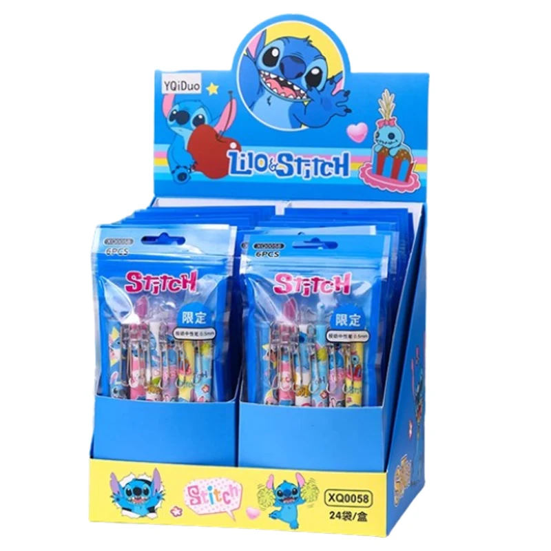 Stylos gel Disney Stitch pour étudiants, fournitures d'écriture de bureau, stylo à pression noir, fournitures scolaires, cadeaux d'anniversaire, 6 pièces, 0.5mm