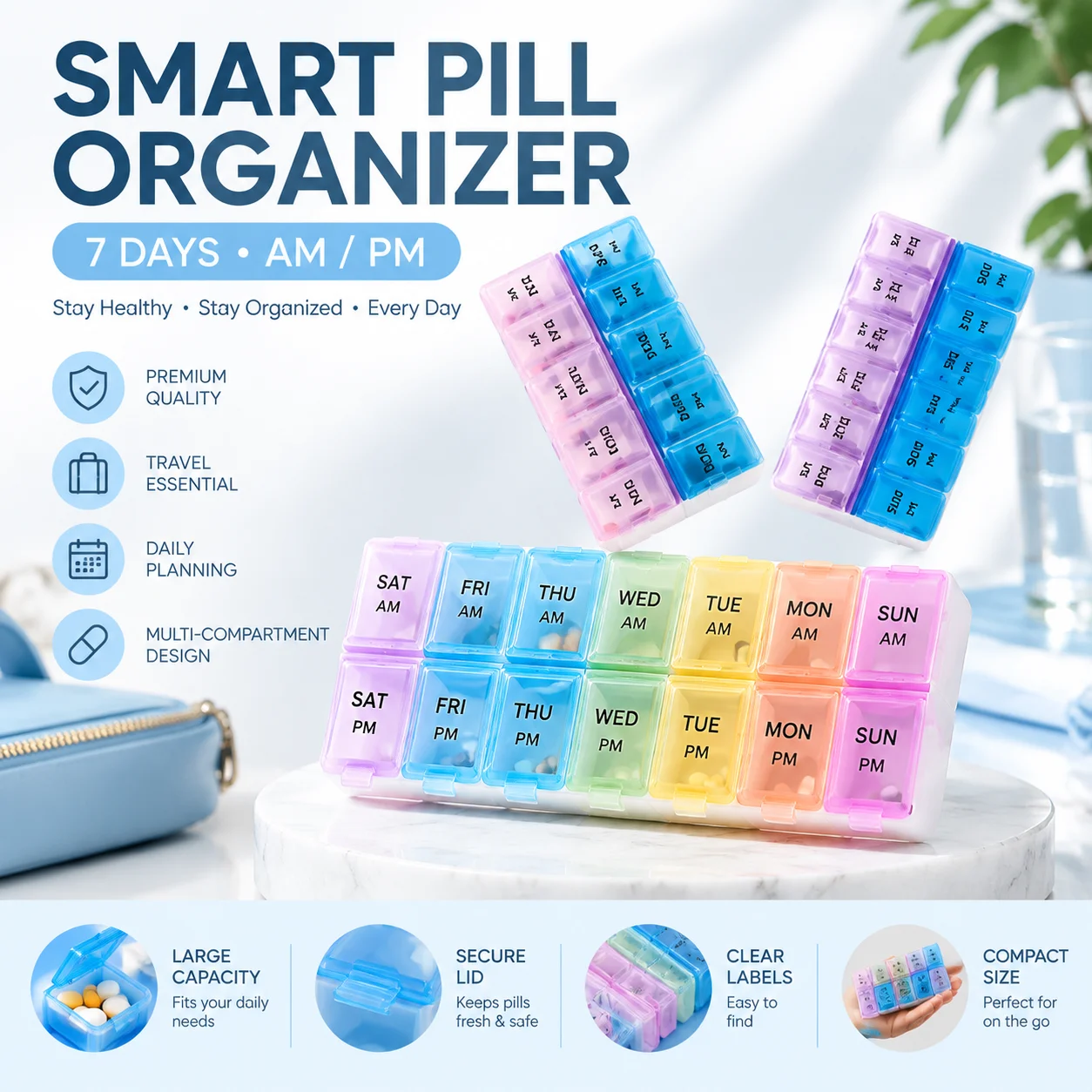 Two-Tone 14 Compartment Pill Organizer Double Row Large Capacity Flip Top Weekly Medicine Box Portable Drug Storage Case