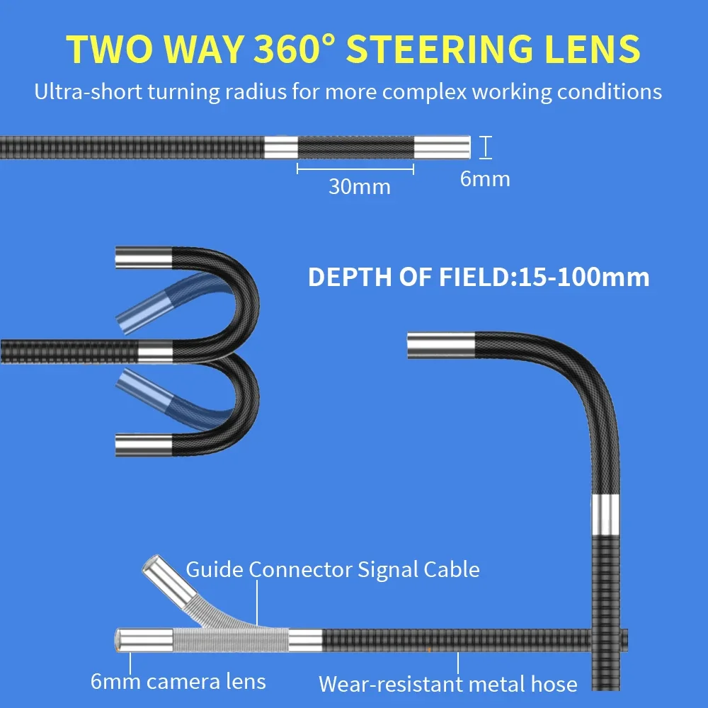 360 Degree 4 Ways Articulating Borescope 6mm IP67 Automotive Endoscope Inspection Camera With 5 inch display