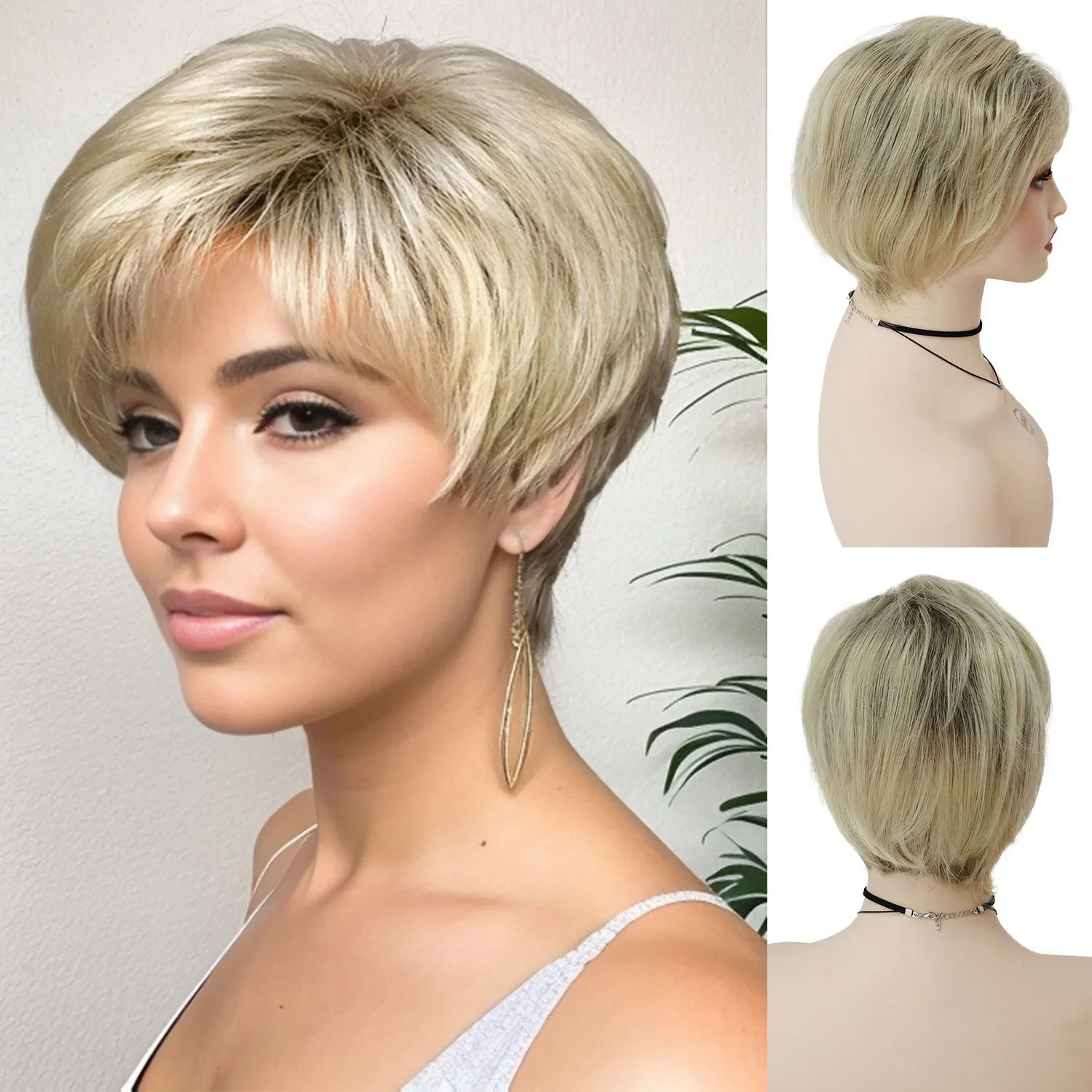 Short Blonde Wigs for Women Synthetic Hair Natural Wig with Bangs Mother Outfits Wigs Ombre Blond Wig Straight Hair Clearance