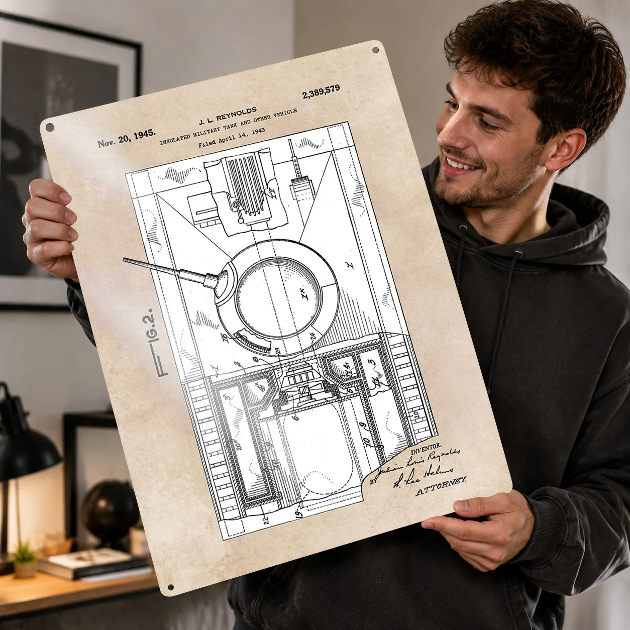 Patent Art Reynolds 1943 Military Tank Personalized 3D Textured Metal Poster Wall Art Vintage Tin Signs for Living Room Decor