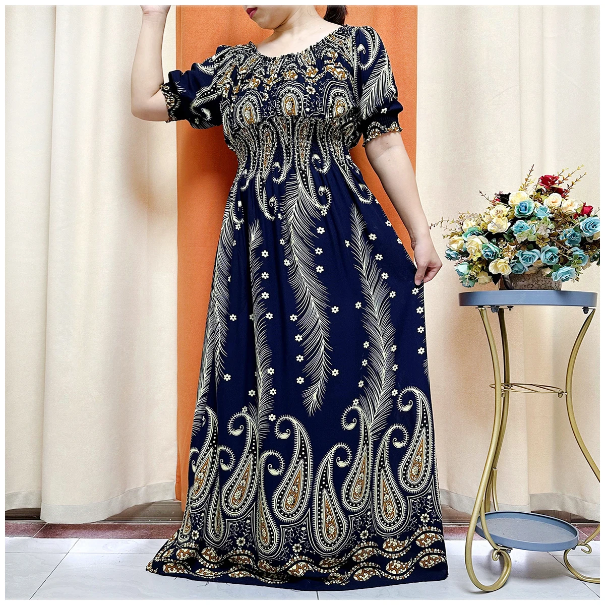 2024 New Women Summer Short Sleeve Abaya Positioning Printed Collect Waist Loose Floral Boubou Maxi Islam Women African Clothes