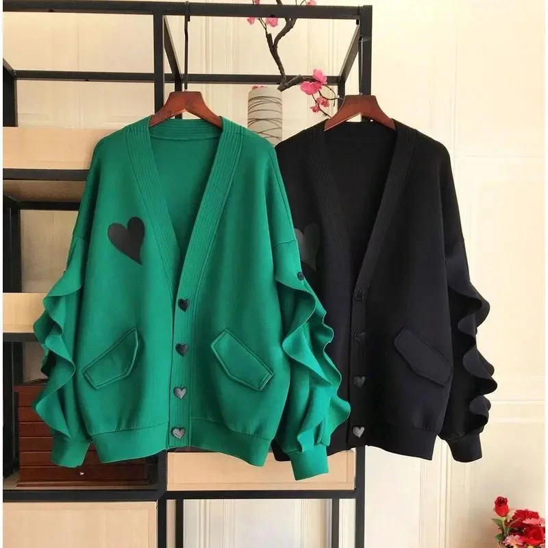 Oversize Hearted Jacket Woman Autumn Winter Streetwear Coat Korean Loose Button Windbreaker Ladies Long Sleeve Black Green Top