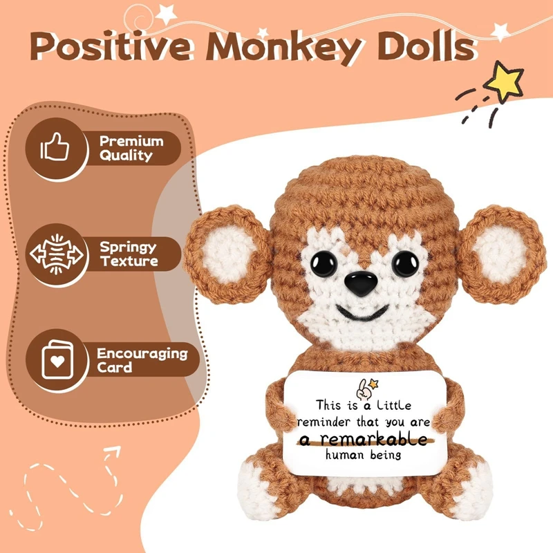 Positive Energy Crochet Cartoon Monkey Hug Card Emotional Support Desktop Ornament Handmade Knitted Dolls Home Decoration Gifts