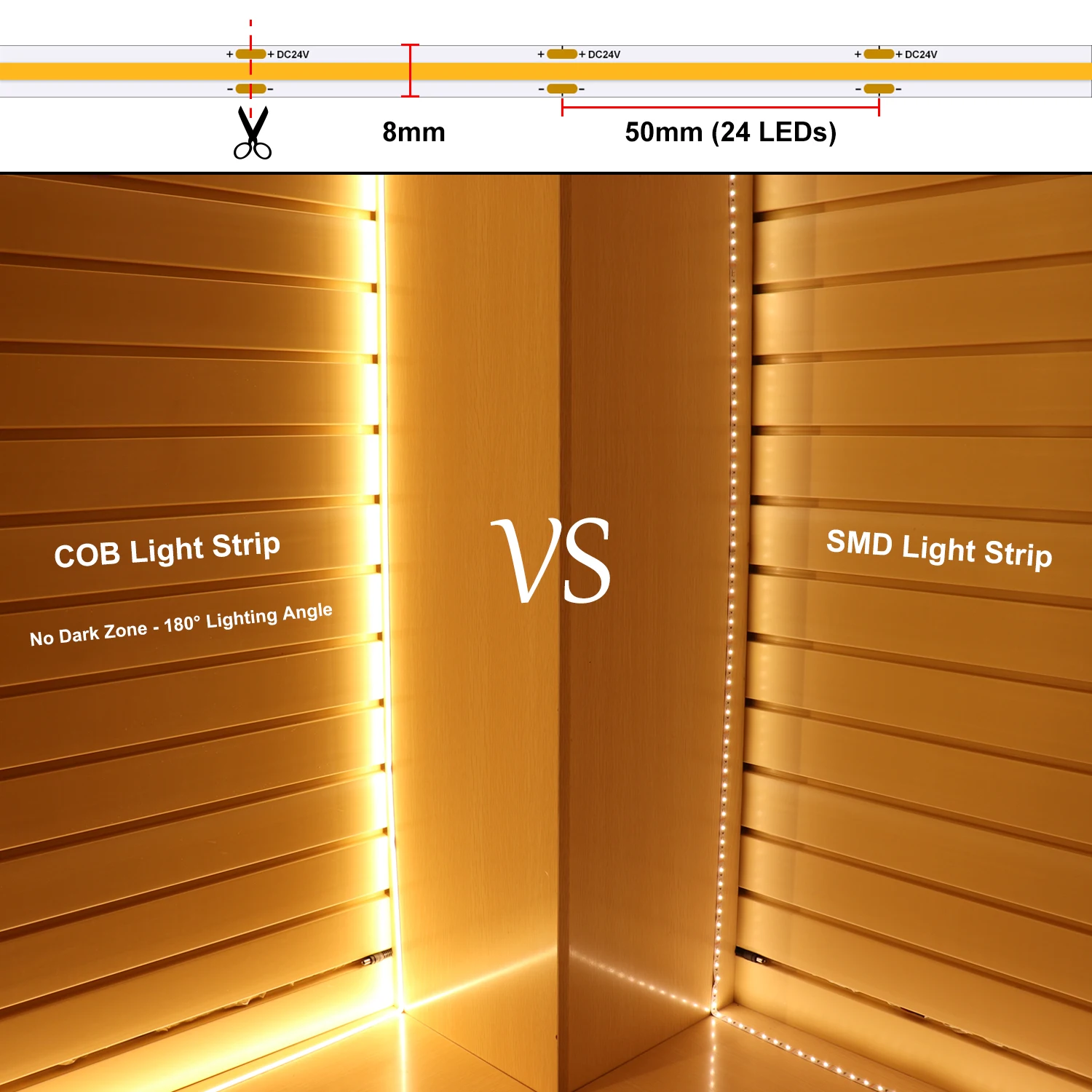 Bande lumineuse LED COB 24V, 320 diodes/m, linéaire, variable, haute luminosité, Flexible, blanc chaud/naturel/froid, 8mm, lumière RA90, pour chambre à coucher