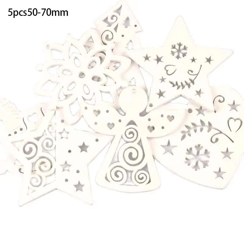 5pcs+1m hemp rope Christmas Tree Ornament Wooden Hanging Pendants  White angels/stars/snowflakes Christmas Decorations for Home
