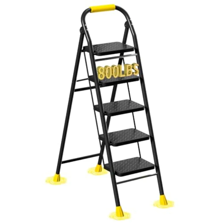

5-ступенчатая складная лестница-табурет с широкими противоскользящими ступенями, толстыми резиновыми ножками, мягкой ручкой и безопасной системой блокировки