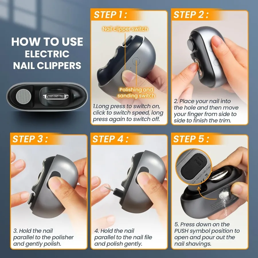 Tagliaunghie elettrico 3in1 con luce a LED per anziani adulti neonati: tagliaunghie automatico lucidatore clip di stoccaggio ricarica USB