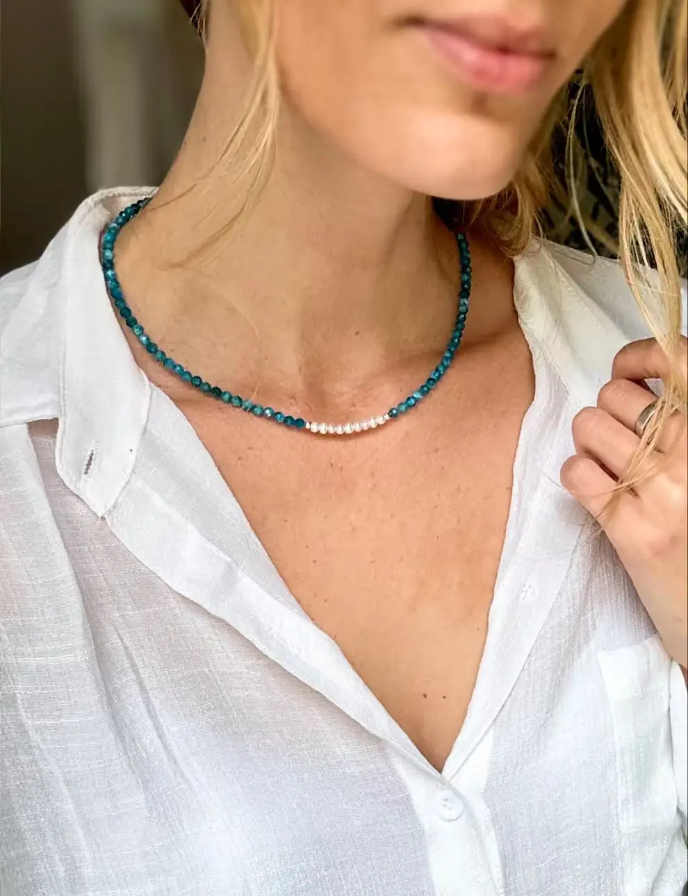 

Vlen Blue Apatite Natural Stone Necklace Freshwater Pearls Strand Elegant Handmade Choker Jewelry for Women Luxury Party Gift