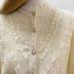 Lace Embroidery Stitch Shirts and Blouses For Women's Spring Autumn New Fashion Beige Shirt Long Sleeve Office Lady Elegant Top