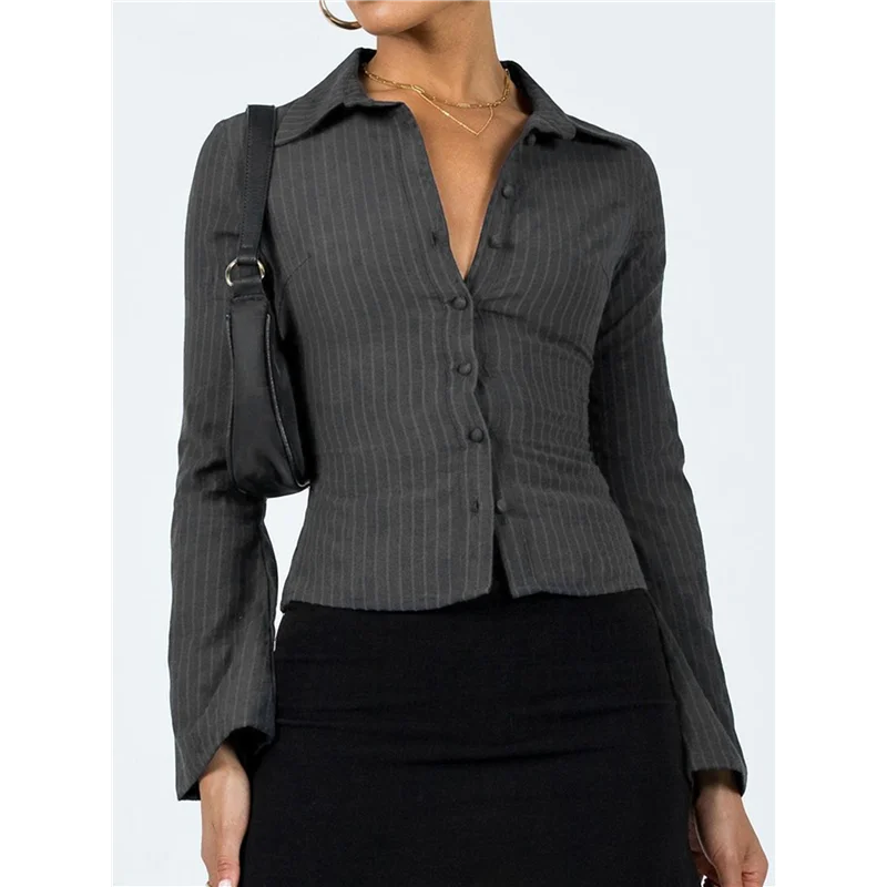 

Women's Button Down Shirts Striped Long Sleeve Collared Casual Work Blouses Tops Trendy Outfits