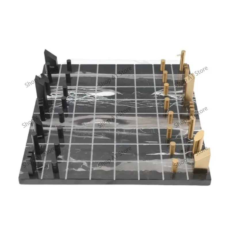 Marble Chessboard Geometric Ornament, Metal Chess Pieces Light Luxury Desktop Decor for Home Living Room Model Room Decoration