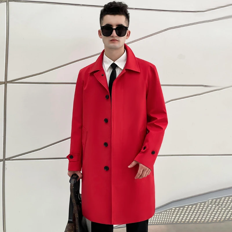 Blusão de peito único masculino comprimento médio vermelho britânico casaco destacável engrossado forro moda trench coat