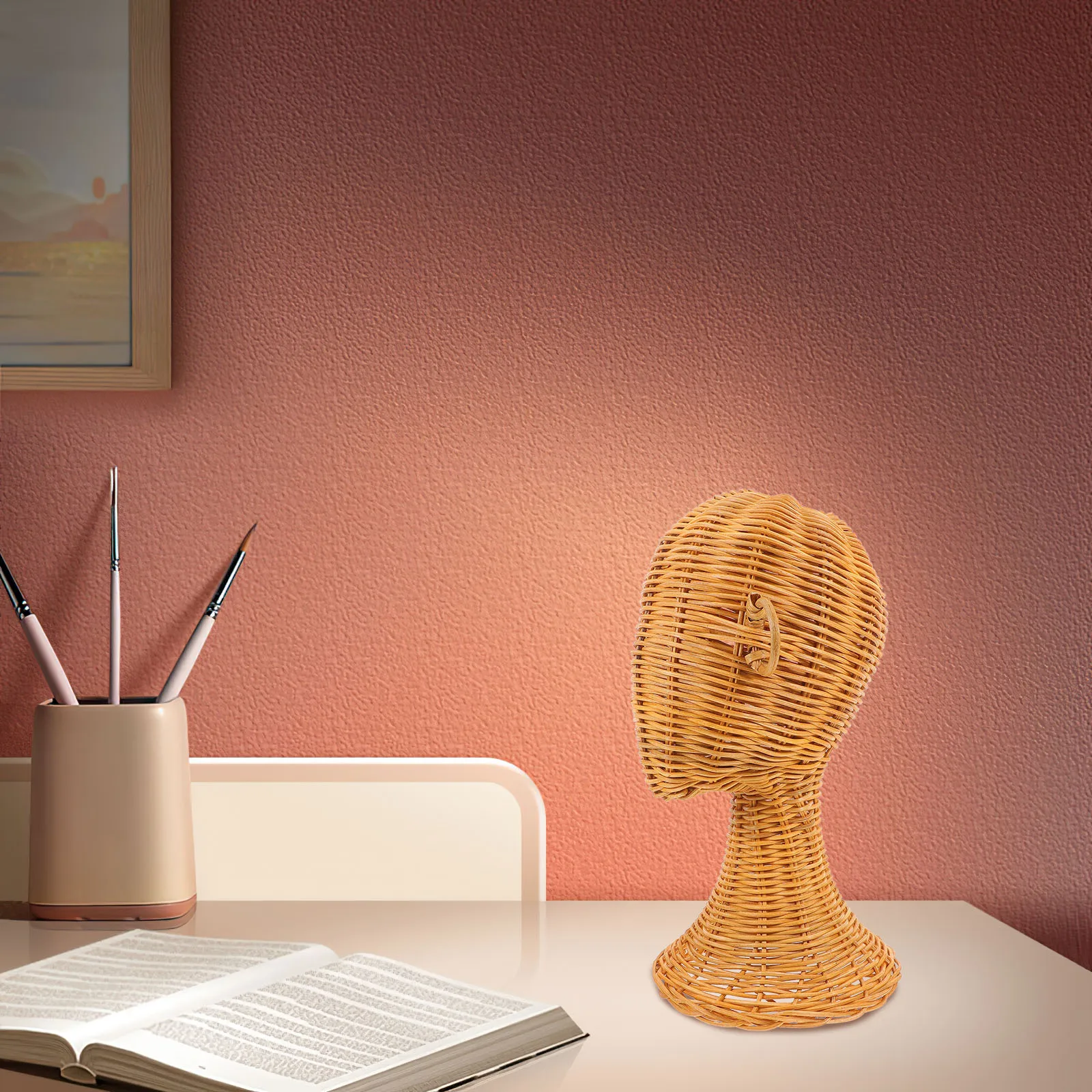 

Rattan Woven Display Stable Base Freestanding Ear Design For Baseball Caps Helmets Wigs Accessories Woven Hat Stand Retail